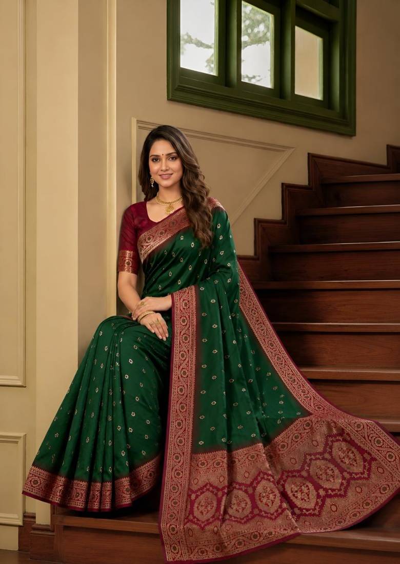 Green color silk blend zari woven work sari -un stitched blouse