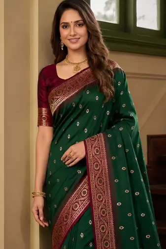 Green color silk blend zari woven work sari -un stitched blouse