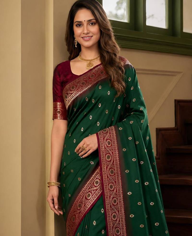 Green color silk blend zari woven work sari -un stitched blouse