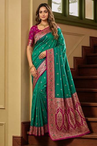 Sky blue color silk blend zari woven work sari -un stitched blouse