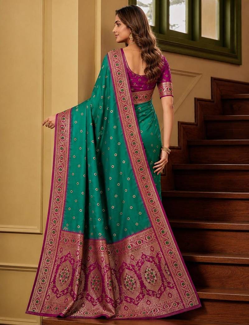 Sky blue color silk blend zari woven work sari -un stitched blouse