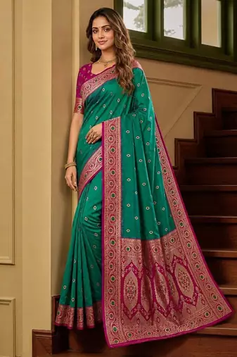 Sky blue color silk blend zari woven work sari -un stitched blouse