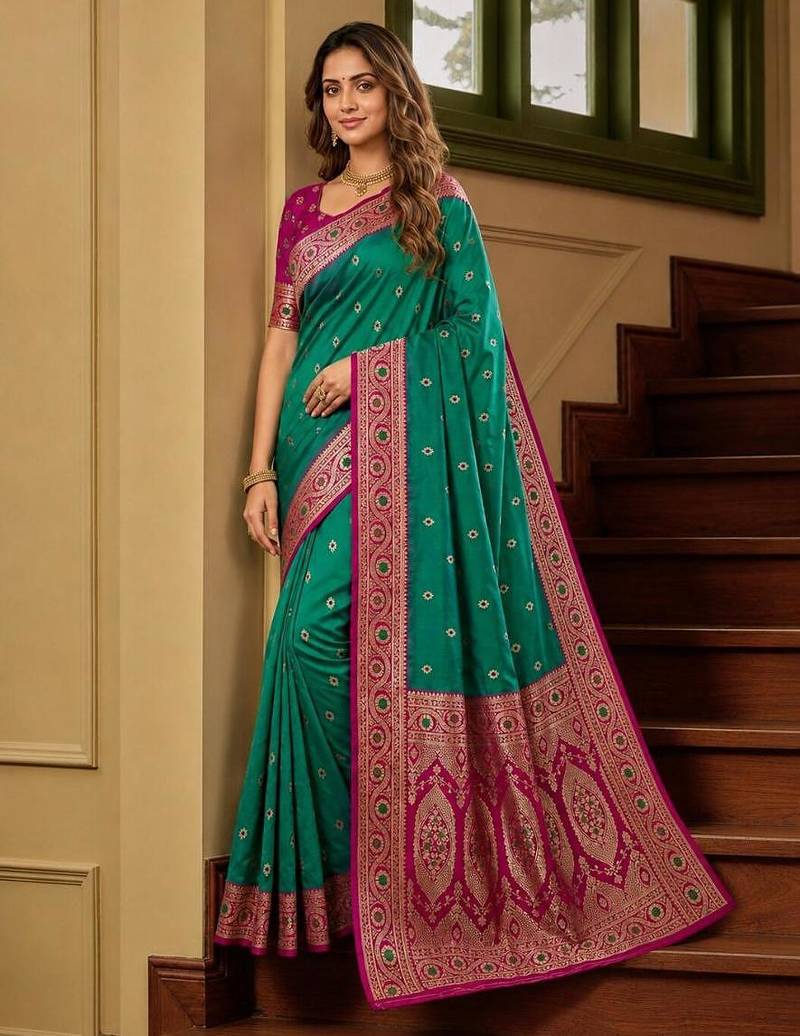 Sky blue color silk blend zari woven work sari -un stitched blouse