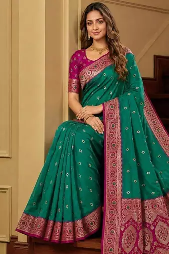 Sky blue color silk blend zari woven work sari -un stitched blouse