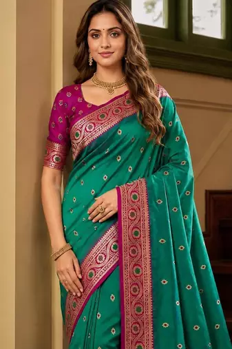 Sky blue color silk blend zari woven work sari -un stitched blouse
