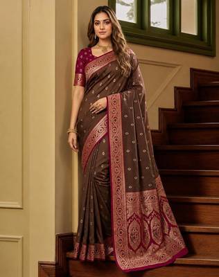 Brown color silk blend zari woven work sari -un stitched blouse 1