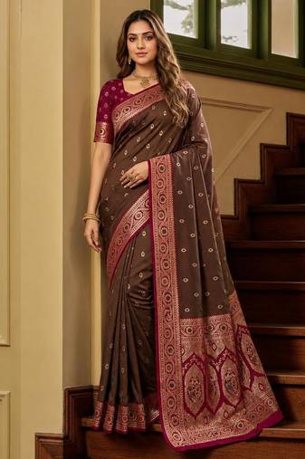 Brown color silk blend zari woven work sari -un stitched blouse