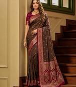 Brown color silk blend zari woven work sari -un stitched blouse
