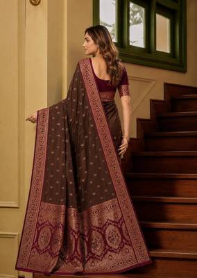Brown color silk blend zari woven work sari -un stitched blouse 2
