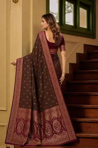 Brown color silk blend zari woven work sari -un stitched blouse