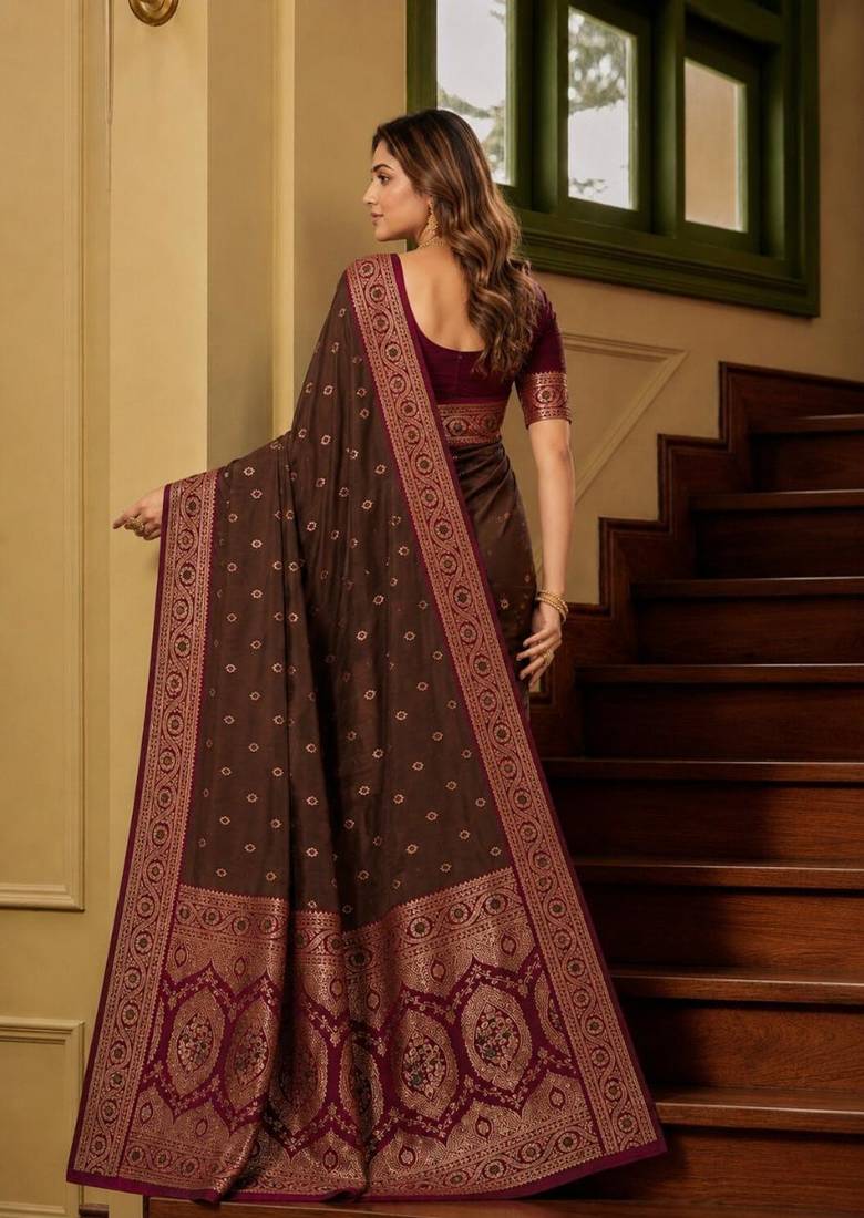 Brown color silk blend zari woven work sari -un stitched blouse