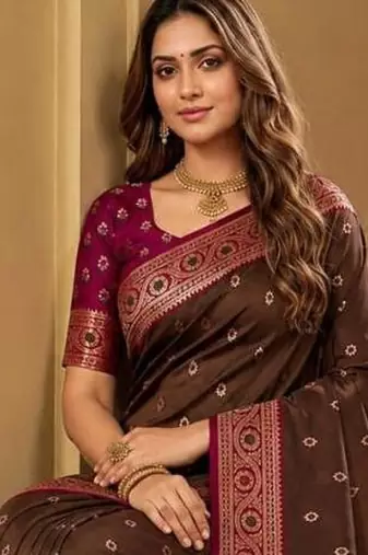 Brown color silk blend zari woven work sari -un stitched blouse