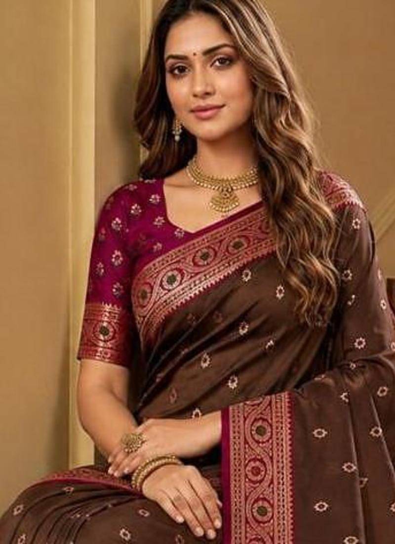 Brown color silk blend zari woven work sari -un stitched blouse