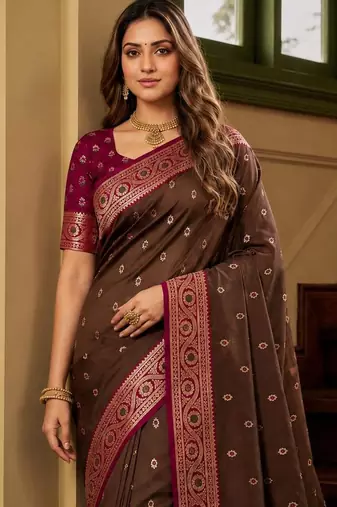 Brown color silk blend zari woven work sari -un stitched blouse