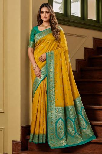 Yellow color silk blend zari woven work sari -un stitched blouse