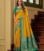 Yellow color silk blend zari woven work sari -un stitched blouse