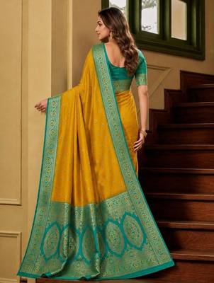 Yellow color silk blend zari woven work sari -un stitched blouse 2
