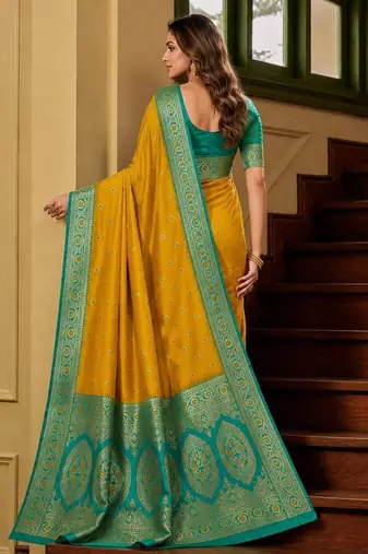 Yellow color silk blend zari woven work sari -un stitched blouse