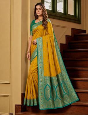 Yellow color silk blend zari woven work sari -un stitched blouse 3