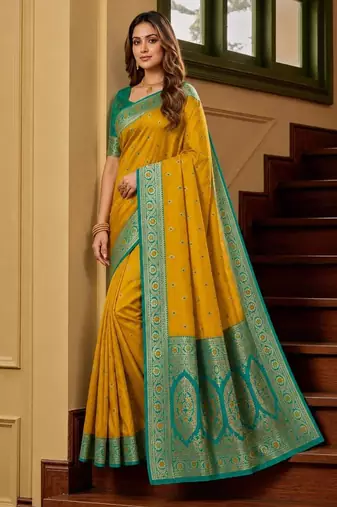 Yellow color silk blend zari woven work sari -un stitched blouse