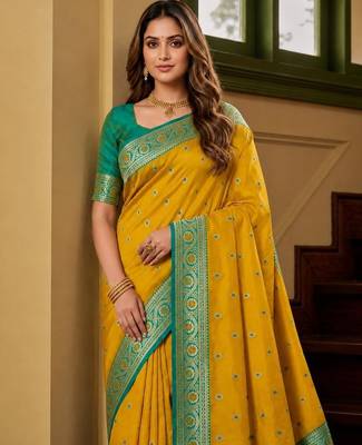 Yellow color silk blend zari woven work sari -un stitched blouse 4