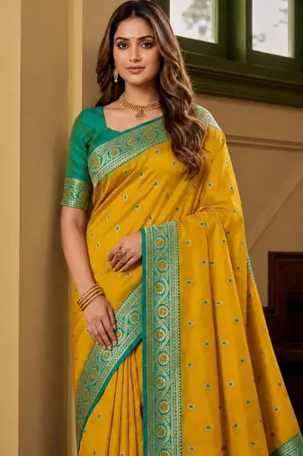 Yellow color silk blend zari woven work sari -un stitched blouse