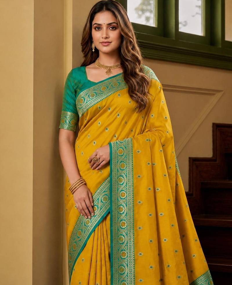 Yellow color silk blend zari woven work sari -un stitched blouse