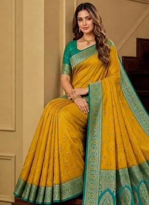 Yellow color silk blend zari woven work sari -un stitched blouse 5