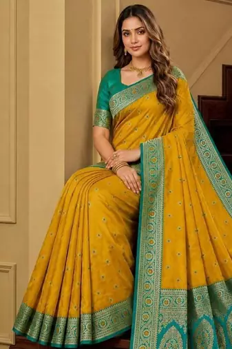 Yellow color silk blend zari woven work sari -un stitched blouse