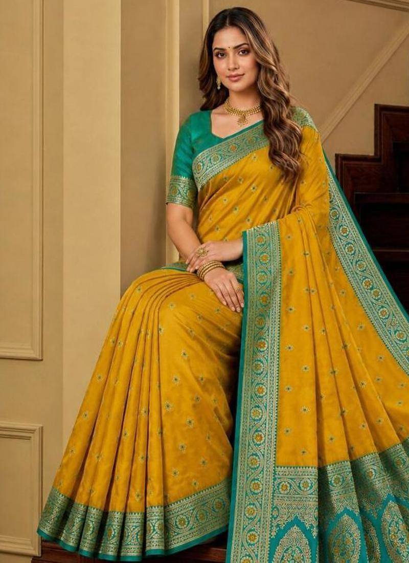 Yellow color silk blend zari woven work sari -un stitched blouse