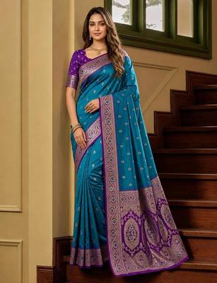Blue color silk blend zari woven work sari -un stitched blouse 1