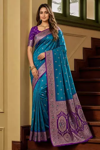 Blue color silk blend zari woven work sari -un stitched blouse