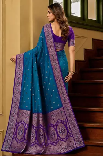 Blue color silk blend zari woven work sari -un stitched blouse