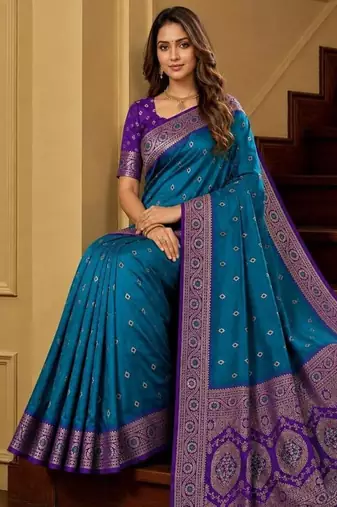 Blue color silk blend zari woven work sari -un stitched blouse