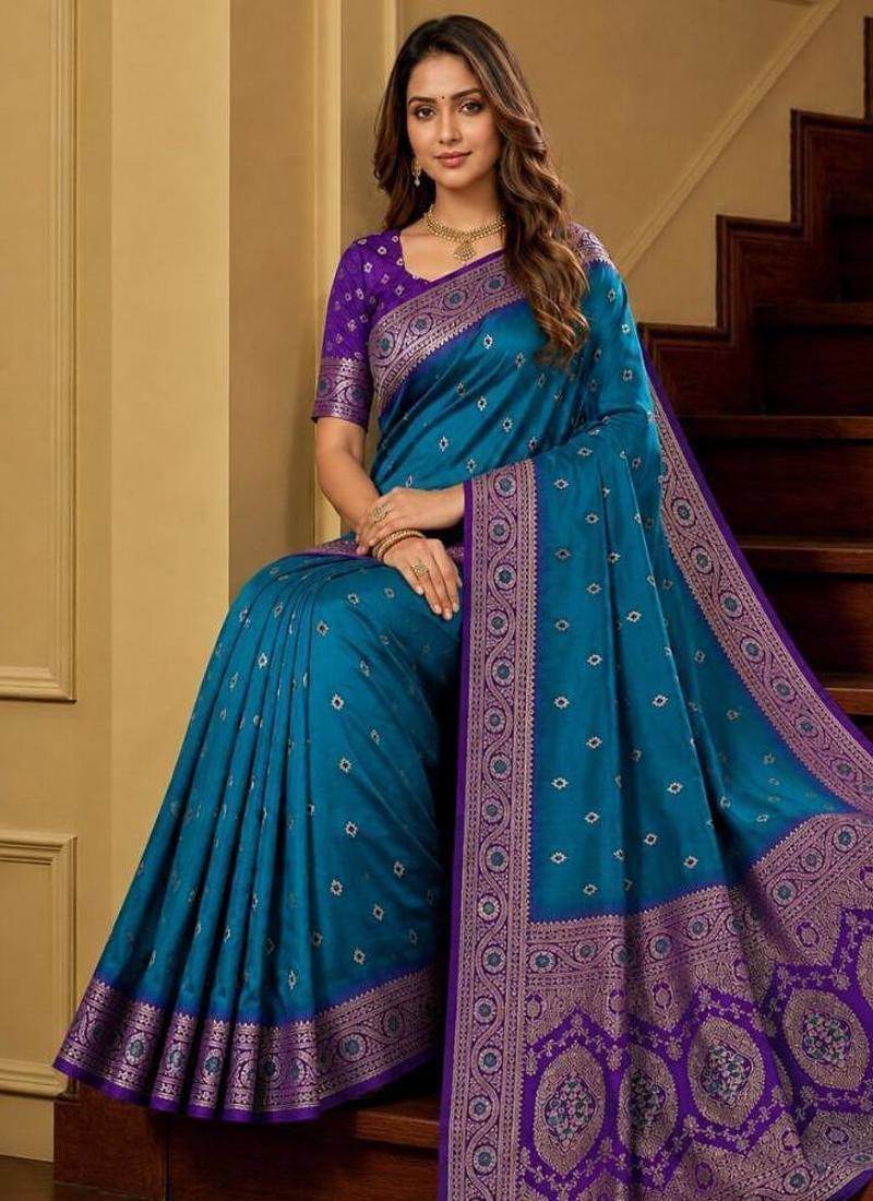 Blue color silk blend zari woven work sari -un stitched blouse