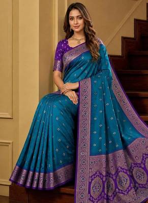 Blue color silk blend zari woven work sari -un stitched blouse 4