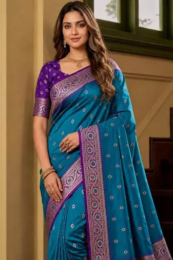 Blue color silk blend zari woven work sari -un stitched blouse