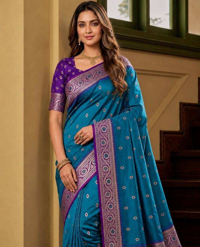 Blue color silk blend zari woven work sari -un stitched blouse