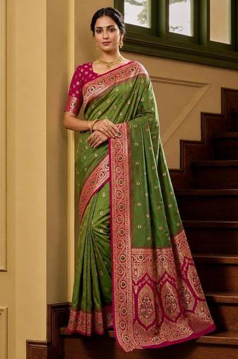 Mehendi color silk blend zari woven work sari -un stitched blouse