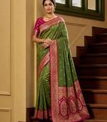 Mehendi color silk blend zari woven work sari -un stitched blouse