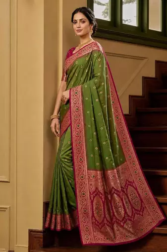 Mehendi color silk blend zari woven work sari -un stitched blouse