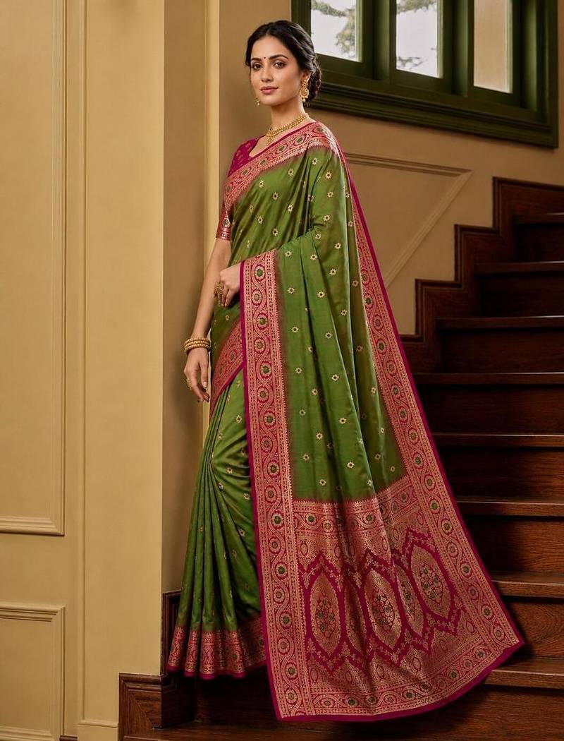 Mehendi color silk blend zari woven work sari -un stitched blouse