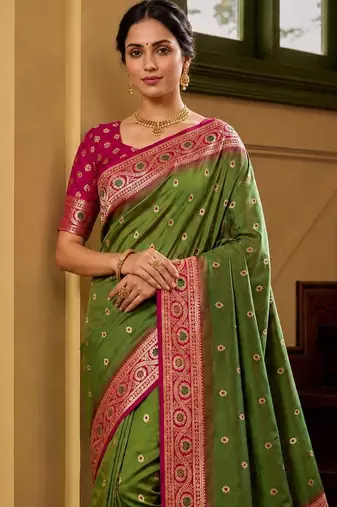 Mehendi color silk blend zari woven work sari -un stitched blouse