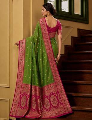 Mehendi color silk blend zari woven work sari -un stitched blouse 4
