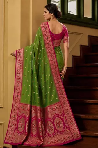 Mehendi color silk blend zari woven work sari -un stitched blouse