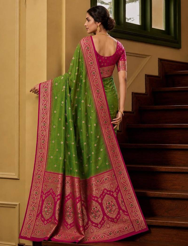 Mehendi color silk blend zari woven work sari -un stitched blouse