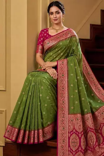 Mehendi color silk blend zari woven work sari -un stitched blouse