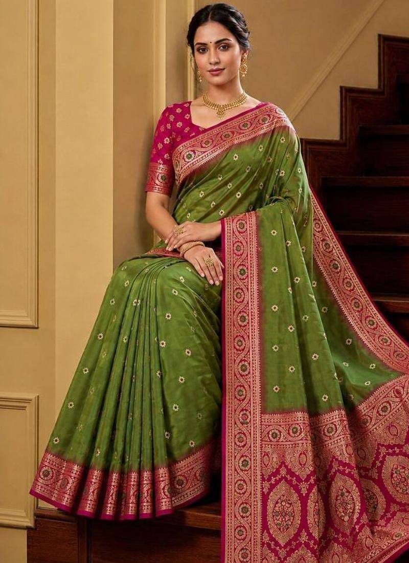 Mehendi color silk blend zari woven work sari -un stitched blouse