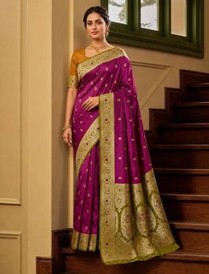 Wine color silk blend zari woven work sari -un stitched blouse 1