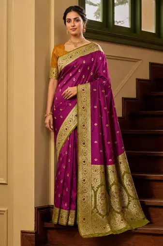 Wine color silk blend zari woven work sari -un stitched blouse